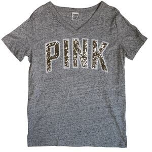 Victorias  Secret PINK T Shirt Women Small Gray Sequin Bling Logo Y2K Campus